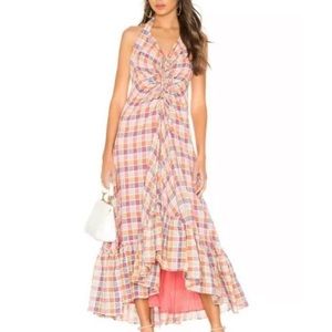 FREE PEOPLE Rainbow Dreams Checkered Pink Ruffle Maxi Dress